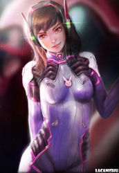 Rule 34 | 1girl, arm behind back, artist name, bodysuit, breasts, brown eyes, brown hair, collar, cowboy shot, d.va (overwatch), facial mark, headphones, highres, image sample, lacanishu, lipgloss, lips, long hair, mecha, medium breasts, meka (overwatch), overwatch, overwatch 1, parted lips, pilot suit, realistic, robot, skin tight, smile, solo, swept bangs