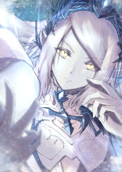 Rule 34 | 1girl, armor, commentary request, crown, eyebrows hidden by hair, final fantasy, final fantasy xvi, glowing, glowing eyes, hand on own cheek, hand on own face, highres, ice, jewelry, long hair, looking at viewer, pale skin, pointy ears, shiva (final fantasy), solo, strail cycleman, swept bangs, upper body, white hair, yellow eyes