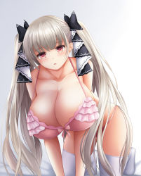 Rule 34 | 1girl, absurdres, all fours, azur lane, black bow, bow, bra, breasts, formidable (azur lane), frilled underwear, gintokyhenry, heart, heart-shaped pupils, highres, huge breasts, long hair, looking at viewer, pink bra, red eyes, solo, symbol-shaped pupils, thighhighs, twintails, underwear, very long hair, white thighhighs