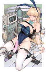 Rule 34 | 1girl, absurdres, animal ears, arm support, bdsm, blonde hair, blue archive, blue eyes, blue leotard, bondage, bound, breasts, catheter, cuffs, dildo, halo, haniwa (statue), highres, iuui, lactation, large breasts, leotard, long hair, milking machine, nipples, pee, playboy bunny, rabbit ears, sex toy, solo, stirrup legwear, strapless, strapless leotard, thighhighs, toeless legwear, toki (blue archive), toki (bunny) (blue archive), urinary drainage bag, white thighhighs, wrist cuffs