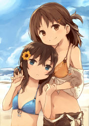 Rule 34 | 2girls, beach, bikini, blue eyes, breasts, brown eyes, brown hair, day, flat chest, hair ornament, hairclip, holding hands, highres, kyuri, long hair, multiple girls, navel, ocean, original, outdoors, shorts, side ponytail, sky, small breasts, smile, swimsuit