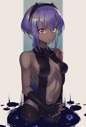 Rule 34 | 1girl, absurdres, bare shoulders, black gloves, black hairband, black leotard, black thighhighs, blue hair, breasts, center opening, cleavage, collarbone, cowboy shot, dark-skinned female, dark skin, elbow gloves, fate/grand order, fate (series), fingerless gloves, gloves, gradient hair, hairband, hassan of serenity (fate), highres, leotard, looking at viewer, medium breasts, multicolored hair, navel, own hands together, parted lips, petals, purple eyes, purple hair, revealing clothes, short hair, solo, sooon, stomach, thighhighs, wading