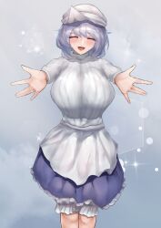 Rule 34 | 1girl, \||/, absurdres, apron, beckoning, bloomers, blue skirt, breasts, commission, feet out of frame, grey background, grey hair, highres, large breasts, letty whiterock, long sleeves, medium hair, nanaironokabi, outstretched arms, pixiv commission, shirt, skirt, solo, sparkle, touhou, underwear, variant set, waist apron, white apron, white headwear, white shirt