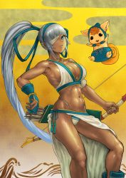 Rule 34 | 1girl, abs, armpits, arrow (projectile), bandage over one eye, blue eyes, blunt bangs, bow (weapon), breasts, champuru, closed mouth, cowboy shot, dark skin, from side, highleg, highleg panties, highres, large breasts, long hair, looking at viewer, looking to the side, majikina mina, mrdotd, muscular, muscular female, panties, ponytail, quiver, revealing clothes, samurai spirits, sarong, shiny skin, side-tie skirt, sideboob, silver hair, snk, underwear, very long hair, weapon, white panties, white sarong