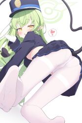 Rule 34 | 1girl, absurdres, all fours, black hat, black jacket, black skirt, blue archive, blush, commentary request, crop top, demon tail, from behind, gloves, green hair, green halo, halo, hand up, hat, heart, highres, hikari (blue archive), jacket, long hair, long sleeves, looking at viewer, miniskirt, no shoes, open mouth, panties, pantyhose, peaked cap, pleated skirt, pointy ears, sidelocks, simple background, skirt, solo, sweat, tail, thighband pantyhose, underwear, white background, white gloves, white panties, white pantyhose, wqooon, yellow eyes