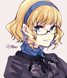 Rule 34 | 1girl, blonde hair, blue eyes, blue hairband, closed mouth, constance von nuvelle, earrings, fire emblem, fire emblem: three houses, glasses, grey background, hairband, jewelry, lowres, multicolored hair, naho (pi988y), nintendo, purple hair, short hair, simple background, solo, twitter username, upper body