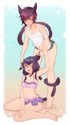 Rule 34 | 2girls, absurdres, animal ears, warrior of light (ff14), barefoot, bikini, black-framed eyewear, black hair, black shorts, blush, braid, breasts, cat ears, cat tail, clothing cutout, coffeechicken, commentary, commission, facial mark, final fantasy, final fantasy xiv, freckles, frilled bikini, frills, full body, glasses, grin, hair between eyes, halterneck, hand on own leg, heart cutout, highres, leaning forward, long hair, looking up, midriff, miqo&#039;te, multicolored hair, multiple girls, musical note, navel, one eye closed, open mouth, pink eyes, playing with another&#039;s ears, quaver, red hair, round eyewear, shirt, short hair, short shorts, shorts, sitting, sleeveless, sleeveless shirt, slit pupils, small breasts, smile, standing, swept bangs, swimsuit, tail, tank top, tiptoes, twin braids, wariza, white shirt