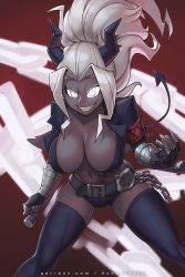Rule 34 | 1girl, abs, belt, black gloves, black thighhighs, blurry, blurry background, breasts, chain, claws, cleavage, clenched teeth, commentary, cowboy shot, dark-skinned female, dark skin, demon, demon girl, demon horns, demon tail, english commentary, fingerless gloves, forehead, gloves, helltaker, high ponytail, horns, hybridmink, jacket, judgement (helltaker), large breasts, leaning forward, legs apart, looking at viewer, navel, open clothes, open jacket, open mouth, parted bangs, solo, standing, tail, teeth, thighhighs, tonfa, v-shaped eyebrows, weapon, white eyes, white hair