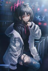 Rule 34 | 1girl, bandaged hand, bandaged neck, bandages, black hair, black hoodie, black mask, blue archive, car, city, commentary, denim, ear piercing, earrings, flippy (cripine111), garter straps, halo, highres, hood, hooded jacket, hoodie, jacket, jewelry, looking at viewer, mask, mask pull, misaki (blue archive), motor vehicle, mouth mask, night, on railing, pants, pantyhose, piercing, railing, red eyes, red halo, short hair, sleeves past wrists, solo, stud earrings, surgical mask, thighhighs, torn clothes, torn pants, torn thighhighs, traffic light, white jacket