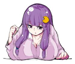 Rule 34 | 1girl, :o, blush, breast rest, breasts, cleavage, hiro (h-net), large breasts, long hair, looking at viewer, oppai loli, patchouli knowledge, purple eyes, purple hair, solo, touhou, very long hair