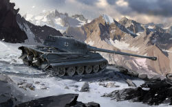Rule 34 | artist request, caterpillar tracks, cloud, day, highres, military, military vehicle, motor vehicle, mountain, no humans, original, sky, snow, snowing, tank, tiger ii, vehicle focus, world of tanks