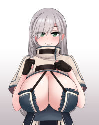 Rule 34 | 1girl, absurdres, alternate costume, alternate hairstyle, blush, braid, breasts, cleavage, cleavage cutout, clothing cutout, gloves, gradient background, green eyes, grey hair, highres, hololive, huge breasts, long hair, looking at viewer, partially fingerless gloves, shirogane noel, shirogane noel (1st costume), simple background, smile, solo, the only shoe, virtual youtuber