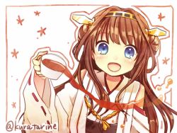 Rule 34 | 10s, 1girl, bad id, bad pixiv id, blue eyes, blush, brown hair, clarinet (natsumi3230), cup, kantai collection, kongou (kancolle), kurata rine, long hair, looking at viewer, open mouth, smile, solo, teacup, twitter username