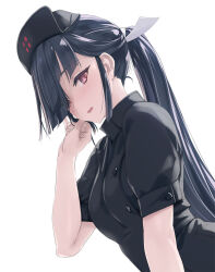 Rule 34 | 1girl, alternate costume, black hair, breasts, buttons, dated, double-breasted, hair over one eye, hat, hayashimo (kancolle), highres, kantai collection, long hair, looking at viewer, nurse, nurse cap, ponytail, red eyes, rokuwata tomoe, short sleeves, small breasts, solo, twitter username, white background