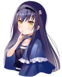 Rule 34 | 1girl, black hair, black hairband, black shirt, blue capelet, capelet, closed mouth, commentary request, copyright request, cropped torso, earrings, frilled capelet, frills, hair between eyes, hair ornament, hairband, hand up, highres, jewelry, long hair, looking at viewer, meito (maze), shirt, simple background, skull and crossbones, skull hair ornament, smile, solo, upper body, very long hair, white background, yellow eyes