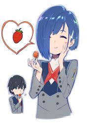 Rule 34 | 10s, 1boy, 1girl, black hair, blue hair, blush, closed eyes, couple, darling in the franxx, eating, food, fruit, green eyes, hair over one eye, hand on own face, heart, hiro (darling in the franxx), holding, holding food, holding fruit, ichigo (darling in the franxx), looking at viewer, military, military uniform, name connection, necktie, object namesake, red neckwear, short hair, simple background, strawberry, tanaka masayoshi, uniform, white background