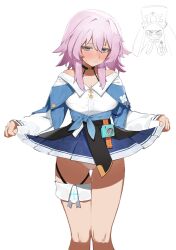 Rule 34 | 1girl, 1other, black choker, blue jacket, blue skirt, blush, breasts, buttons, camera, choker, cleavage, closed mouth, clothes lift, feet out of frame, flasso, hair between eyes, highres, honkai: star rail, honkai (series), jacket, lifting own clothes, long sleeves, looking at viewer, march 7th (honkai: star rail), medium breasts, panties, pink hair, pom-pom (honkai: star rail), shirt, short hair with long locks, skirt, skirt lift, solo, standing, tied jacket, underwear, white background, white panties, white shirt