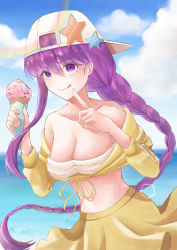 Rule 34 | 1girl, absurdres, asymmetrical hair, bandeau, bare shoulders, baseball cap, bb (fate), bb (fate) (all), bb (swimsuit mooncancer) (fate), bb (swimsuit mooncancer) (first ascension) (fate), beach, blue sky, blush, braid, breasts, cleavage, collarbone, cropped jacket, daachan, fate/grand order, fate (series), food, hat, hat ornament, highres, ice cream, ice cream cone, index finger raised, jacket, large breasts, licking lips, long hair, long sleeves, looking at viewer, midriff, miniskirt, purple eyes, purple hair, single braid, skirt, sky, solo, star (symbol), star hat ornament, tongue, tongue out, very long hair, white hat, yellow jacket, yellow skirt