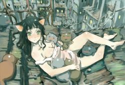 Rule 34 | 1girl, animal ears, blush, breasts, camisole, cat, cat ears, city, cleavage, green eyes, humi, jpeg artifacts, kitten, large breasts, long hair, original, solo, strap slip, toi8