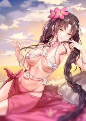Rule 34 | 1girl, bare shoulders, bead bracelet, beads, bikini, black hair, blush, bracelet, braid, breasts, brown eyes, cloud, cloudy sky, earrings, evening, facial mark, fate/extra, fate/extra ccc, fate/grand order, fate (series), finger to mouth, flower, forehead mark, gogatsu fukuin, groin, hair flower, hair ornament, highres, jewelry, large breasts, leaning to the side, long hair, looking at viewer, navel, outdoors, parted bangs, parted lips, petals, pink flower, pink ribbon, ribbon, sarong, seashell, sessyoin kiara, sesshouin kiara (swimsuit), sessyoin kiara (swimsuit mooncancer), sessyoin kiara (swimsuit mooncancer) (first ascension), shell, sitting, sky, smile, solo, stomach, sunlight, swimsuit, twin braids, underboob, very long hair, white bikini