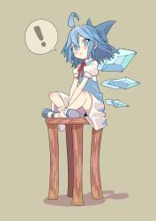Rule 34 | !, 1girl, :o, absurdres, ahoge, banana takemura, beige background, blue dress, blue eyes, blue footwear, blue hair, blue wings, blush, cirno, dress, full body, hair between eyes, highres, ice, ice wings, indian style, long hair, looking at viewer, puffy short sleeves, puffy sleeves, red ribbon, ribbon, shoes, short dress, short sleeves, simple background, sitting, socks, solo, spoken exclamation mark, stool, touhou, white socks, wings