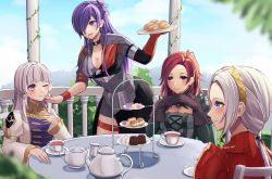 Rule 34 | 4girls, armor, asymmetrical clothes, bow, breasts, cake, cleavage, collar, cup, edelgard von hresvelg, fire emblem, fire emblem: three houses, fire emblem warriors: three hopes, food, gloves, hair bow, hair over one eye, hairband, hapi (fire emblem), highres, holding, holding food, large breasts, leg strap, long hair, lysithea von ordelia, multiple girls, nintendo, one eye closed, one eye covered, pink eyes, ponytail, purple eyes, purple hair, red hair, reia hana, shez (female) (fire emblem), shez (fire emblem), shoulder armor, single glove, smile, table, tea party, teacup, teapot, white hair