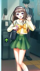 Rule 34 | 1girl, :d, bag, bare legs, bow, bowtie, brown hair, doukyuusei another world, game cg, green skirt, hairband, kakyuusei, long hair, long sleeves, looking at viewer, miniskirt, official art, open mouth, pleated skirt, red eyes, sailor collar, sailor shirt, school bag, shirt, skirt, smile, solo focus, third-party source, waving, white hairband, yellow bow, yellow bowtie, yellow sailor collar, yellow shirt, yuuki mizuho