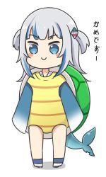 Rule 34 | 1girl, blue eyes, blue hair, blue socks, blush stickers, chibi, closed mouth, commentary request, fins, fish tail, full body, gawr gura, grey hair, hair ornament, hololive, hololive english, long hair, long sleeves, multicolored hair, rutorifuki, shark tail, shoes, sleeves past fingers, sleeves past wrists, smile, socks, solo, standing, streaked hair, tail, translated, turtle shell, two side up, virtual youtuber, white background, white footwear