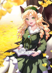 Rule 34 | 1girl, :d, absurdres, animal ears, belt, blonde hair, blurry, blurry foreground, book, breasts, commission, curly hair, dress, falling leaves, flower, fox ears, gem, ginkgo tree, green dress, green eyes, green gemstone, green hairband, hair flower, hair ornament, hairband, highres, holding, holding book, leaf, long hair, looking at viewer, medium breasts, open book, open mouth, original, outdoors, pantyhose, sailor collar, sitting, skeb commission, smile, solo, wanatsu 15, white pantyhose, white sailor collar, yellow leaves