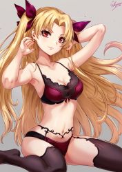 Rule 34 | 1girl, arms up, artist name, bare arms, bare shoulders, black thighhighs, blonde hair, bra, breasts, commentary request, ereshkigal (fate), fate/grand order, fate (series), grey background, hair ribbon, head tilt, highres, long hair, looking at viewer, medium breasts, nail polish, navel, panties, red bra, red eyes, red panties, ribbon, sakiyamama, signature, simple background, sitting, smile, solo, stomach, thighhighs, thighs, two side up, underwear, underwear only, very long hair, wariza