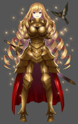 Rule 34 | 1girl, armor, bird, blonde hair, blue eyes, cape, crossed arms, drill hair, full body, gauntlets, gold armor, greaves, grey background, itsuwari alice, long hair, mikeyama mike, official art, quad drills, red cape, sheath, sheathed, simple background, smile, solo, standing, sword, very long hair, weapon