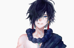 Rule 34 | 1boy, absurdres, bad id, bad pixiv id, bare shoulders, bead necklace, beads, black hair, blue eyes, collarbone, earrings, grey background, hair over one eye, highres, jewelry, male focus, necklace, original, parted lips, pointy ears, portrait, shion (reira), simple background, smile, solo, upper body