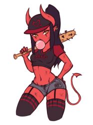 Rule 34 | 1girl, baseball bat, black hair, black shirt, black thighhighs, breasts, bubble, chewing gum, collarbone, colored skin, demon girl, demon horns, demon tail, earrings, female focus, garter straps, grey shorts, holding, horns, iahfy, jewelry, long hair, looking at viewer, midriff, nail, nail bat, navel, original, pointy ears, ponytail, red skin, shirt, short sleeves, shorts, small breasts, synth (iahfy), tail, thighhighs, white background, yellow eyes
