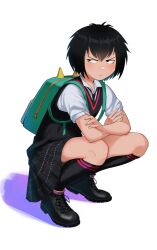 Rule 34 | 1girl, angry, backpack, bag, black eyes, black footwear, black hair, black necktie, black skirt, black socks, black sweater vest, blush, closed mouth, commentary, crossed arms, dress shirt, english commentary, frown, full body, glaring, green bag, highres, kneehighs, loafers, looking at viewer, looking to the side, marvel, narrowed eyes, necktie, peni parker, plaid, plaid skirt, pleated skirt, school uniform, shadow, shirt, shoes, short hair, short sleeves, simple background, skirt, socks, solanoko, solo, spider-man: into the spider-verse, spider-man (series), spider-verse, squatting, sweater vest, v-shaped eyes, white background, white shirt