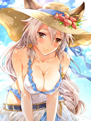 Rule 34 | 10s, 1girl, animal ears, bare shoulders, breasts, brown eyes, cleavage, cloud, covered navel, day, ears through headwear, erune, flower, granblue fantasy, hair between eyes, hair tubes, hanging breasts, hat, hat flower, heles, heles (summer) (granblue fantasy), highres, large breasts, leaning forward, looking at viewer, one-piece swimsuit, raimu (yuzu-raimu), sarong, silver hair, solo, sun hat, swimsuit, white one-piece swimsuit