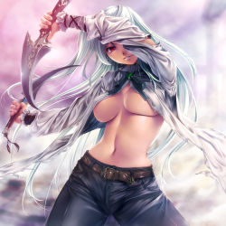 Rule 34 | 1girl, belt, blue pants, breasts, brooch, cowboy shot, dagger, denim, dress shirt, dual wielding, female focus, head tilt, holding, holding knife, holding weapon, jeans, jewelry, knife, large breasts, long hair, long sleeves, looking at viewer, navel, no bra, open clothes, open shirt, original, pants, photoshop (medium), red eyes, rezi, shirt, smile, solo, tan, torn clothes, torn shirt, underboob, very long hair, weapon, white hair, white shirt
