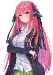 Rule 34 | 1girl, arm across waist, black cardigan, black ribbon, blue eyes, blunt bangs, breasts, butterfly hair ornament, button gap, cardigan, closed mouth, commentary request, go-toubun no hanayome, green skirt, hair ornament, hair ribbon, large breasts, light frown, long hair, looking at viewer, nakano nino, open cardigan, open clothes, pink hair, pleated skirt, ribbon, school uniform, shirt, skirt, solo, two side up, uyufuzi s, white background, white shirt