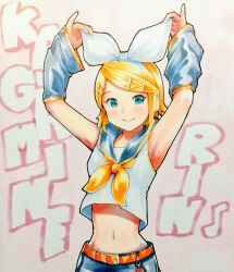 Rule 34 | 1girl, aqua eyes, armpits, arms up, bare shoulders, belt buckle, blonde hair, bow, buckle, character name, commentary, detached sleeves, grey sailor collar, grey sleeves, hair bow, hair ornament, hairclip, headphones, headset, highres, kagamine rin, looking at viewer, marker, mayo riyo, midriff, narrow waist, navel, neckerchief, sailor collar, short hair, shorts, sideways glance, smile, solo, traditional media, vocaloid, white bow, yellow neckerchief