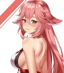 Rule 34 | 1girl, absurdres, bare back, bare shoulders, blush, breasts, commentary request, genshin impact, hair between eyes, hair flaps, halterneck, highres, hoppo, large breasts, long hair, looking at viewer, pink hair, purple eyes, simple background, sleeveless, smile, solo, upper body, white background, yae miko