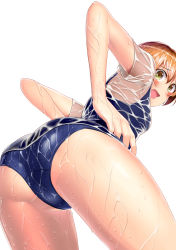 Rule 34 | 1girl, ass, blush, cowboy shot, embarrassed, from behind, green eyes, highres, hoshizora rin, looking back, love live!, love live! school idol project, nanasumi (pantie party project), one-piece swimsuit, open mouth, orange hair, school swimsuit, see-through, shirt, short hair, simple background, solo, swimsuit, swimsuit under clothes, wet, wet clothes, white background, white shirt, yellow eyes