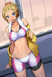 Rule 34 | 10s, 1girl, bad id, bike shorts, blue eyes, blush, breasts, brown hair, gundam, gundam build fighters, gundam build fighters try, highres, hoshino fumina, jacket, large breasts, looking at viewer, midriff, nac000, navel, open clothes, open jacket, open mouth, ponytail, scrunchie, short hair, smile, solo, sports bra, towel, towel around neck, two-tone sports bra