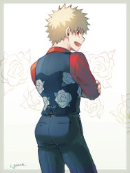 Rule 34 | 1boy, adcalcium, ass, bakugou katsuki, black pants, black vest, blonde hair, boku no hero academia, commentary request, crossed arms, floral print, from behind, highres, long sleeves, looking at viewer, looking back, male focus, official alternate costume, open mouth, pants, print vest, red eyes, red shirt, rose print, shirt, short hair, signature, simple background, smile, solo, spiked hair, standing, vest, white background