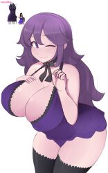 Rule 34 | 1girl, @ @, absurdres, bare shoulders, black thighhighs, breasts, cleavage, closed mouth, cowboy shot, creatures (company), dress, ferdinandusdart, game freak, hex maniac (pokemon), highres, large breasts, long hair, matching hair/eyes, nintendo, one eye closed, pokemon, pokemon xy, purple dress, purple eyes, purple hair, short dress, smile, solo, standing, thighhighs, transparent background, wink
