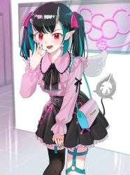 Rule 34 | 1girl, alternate costume, alternate hairstyle, bag, black bow, black bowtie, black hair, black skirt, black thighhighs, blue hair, blue nails, blush, bow, bowtie, buren, commentary request, demon girl, demon horns, demon tail, earrings, fang, feet out of frame, fingernails, flat chest, frilled shirt, frills, hair bow, hand up, handbag, highres, horns, indoors, jewelry, jirai kei, leaning forward, long hair, looking at viewer, medium bangs, multicolored hair, multiple earrings, nanashi inc., open mouth, pink bag, pink bow, pink shirt, pointy ears, red eyes, shirt, shishio chris, single thighhigh, skirt, smile, solo, standing, stud earrings, tail, thighhighs, twintails, two-tone hair, virtual youtuber