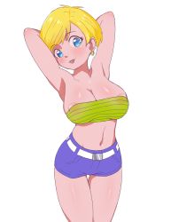 Rule 34 | 1girl, areola slip, armpits, arms behind head, arms up, blonde hair, blue eyes, blush, breasts, dragon ball, dragonball z, earrings, erasa (dragon ball), highres, jewelry, large breasts, large penis, legs together, looking at viewer, midriff, moonxel, navel, no bra, penis, purple shorts, short shorts, shorts, showing armpits, simple background, smile, solo, strapless, sweat, thigh gap, tongue, tongue out, tube top, white background