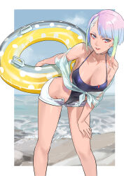 Rule 34 | 1girl, absurdres, beach, bigroll, blue eyes, blue hair, blue one-piece swimsuit, border, breasts, cleavage, cyberpunk (series), cyberpunk edgerunners, highres, leaning forward, legs, lucy (cyberpunk), medium breasts, multicolored hair, one-piece swimsuit, shorts, smile, solo, streaked hair, sweat, swimsuit, unzipped, white border, white shorts