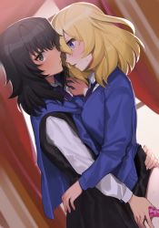 Rule 34 | 2girls, andou (girls und panzer), arm around waist, bc freedom school uniform, black dress, black hair, blonde hair, blue cardigan, blue eyes, blush, brown eyes, cardigan, closed mouth, clothes lift, commentary, curtains, dark-skinned female, dark skin, dress, dress shirt, dutch angle, girls und panzer, indoors, lifting another&#039;s clothes, light frown, long sleeves, looking at another, looking at viewer, medium hair, messy hair, multiple girls, necktie, oshida (girls und panzer), panties, panty pull, parted lips, pinafore dress, pink panties, pleated dress, pulling another&#039;s clothes, school uniform, shirt, short dress, skirt, skirt lift, sleeveless, sleeveless dress, standing, sweatdrop, sweater around neck, tan (inka), underwear, white shirt, window, wing collar, yuri