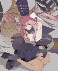 Rule 34 | 1girl, absurdres, animal ears, bare shoulders, blue kimono, fate/extella, fate/extra, fate (series), fox ears, fox girl, fox tail, gloves, hair between eyes, hat, highres, japanese clothes, kimono, long hair, pink hair, sandals, sarashi, solo, tail, tamamo (fate), tamamo no mae (fate/extra), yellow eyes, zhibuji loom