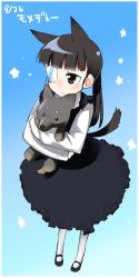 Rule 34 | 1girl, animal ears, blue hair, blush, border, dated, dog, dog ears, dog tail, dress, eyepatch, from above, holding, long sleeves, mary janes, mozu (peth), pantyhose, ponytail, sakamoto mio, shoes, smile, solo, star (symbol), strike witches, tail, white pantyhose, world witches series, yellow eyes