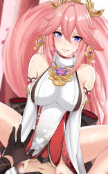 Rule 34 | 1boy, 1girl, absurdres, aether (genshin impact), bare shoulders, blush, breasts, brown gloves, detached sleeves, floral print, genshin impact, girl on top, gloves, hair between eyes, hair ornament, highres, implied sex, japanese clothes, large breasts, long hair, long sleeves, looking at viewer, miko, navel, noise paper, parted lips, pink hair, purple eyes, sideboob, smile, solo focus, spread legs, squatting cowgirl position, thighs, yae miko